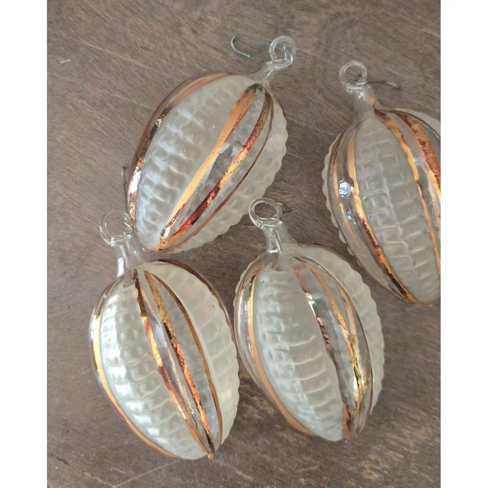 4 Vintage Glass Christmas Ornaments Frosted White Copper Stripe Teardrop
